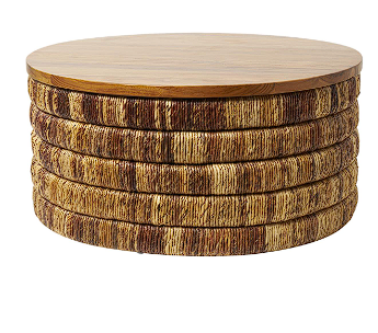 BROWN SEAGRASS HANDMADE LINEAR WRAPPED COFFEE TABLE WITH TEAK WOOD TOP, 33" X 33" X 16"