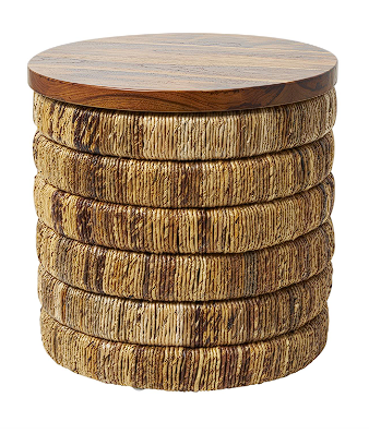 BROWN SEAGRASS HANDMADE LINEAR WRAPPED COFFEE TABLE WITH TEAK WOOD TOP, 33" X 33" X 16"