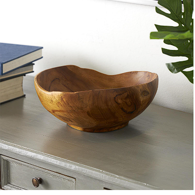 BROWN TEAK WOOD HANDMADE DECORATIVE BOWL WITH NATURAL GROOVES, 11" X 11" X 5"