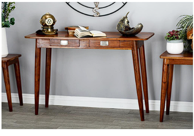 DARK BROWN WOOD 2 DRAWERS CONSOLE TABLE WITH SILVER PULL HANDLES, 45" X 16" X 30"