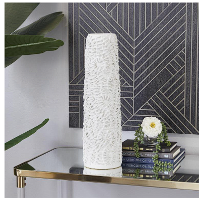 WHITE CERAMIC FLORAL EMBOSSED VASE, 6" X 6" X 21"