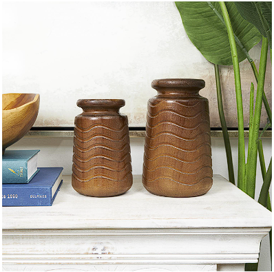 BROWN WOOD VASE WITH CARVED WAVY DESIGNS