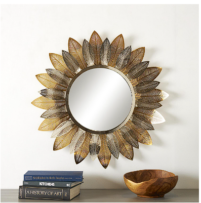 GOLD METAL ABSTRACT LAYERED LEAF WALL MIRROR WITH FLOWER SHAPE, 31" X 3" X 31"