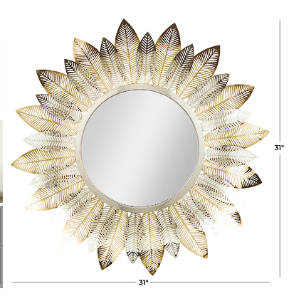 GOLD METAL ABSTRACT LAYERED LEAF WALL MIRROR WITH FLOWER SHAPE, 31" X 3" X 31"