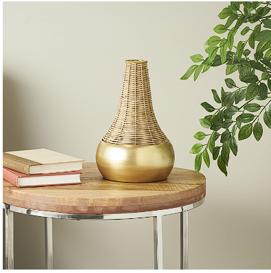 BROWN RATTAN HANDMADE WOVEN VASE WITH GOLD METAL BASE, 7" X 7" X 11"