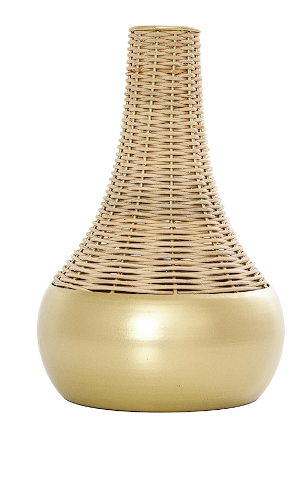 BROWN RATTAN HANDMADE WOVEN VASE WITH GOLD METAL BASE, 7" X 7" X 11"