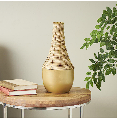 BROWN RATTAN HANDMADE WOVEN VASE WITH GOLD METAL BASE, 7" X 7" X 15"