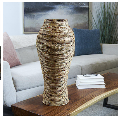 BROWN SEAGRASS HANDMADE TALL WRAPPED VASE, 11" X 11" X 24"