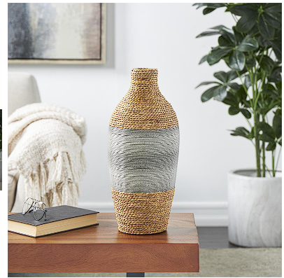 BROWN SEAGRASS HANDMADE WRAPPED VASE WITH LAYERED GRAY PANELING, 8" X 8" X 19"