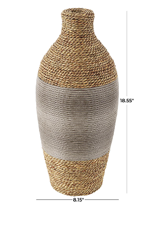 BROWN SEAGRASS HANDMADE WRAPPED VASE WITH LAYERED GRAY PANELING, 8" X 8" X 19"