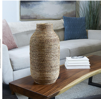 BROWN SEAGRASS HANDMADE WRAPPED VASE, 10" X 10" X 19"