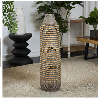 BROWN SEAGRASS HANDMADE BRAIDED VASE WITH LAYERED GRAY PANELING, 9" X 9" X 32"