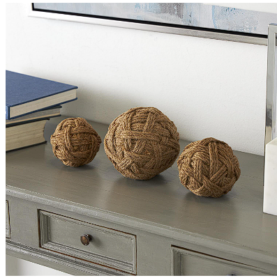 BROWN JUTE HANDMADE WOVEN DECORATIVE BALL ORBS & VASE FILLER, SET OF 3 6", 5", 4"W