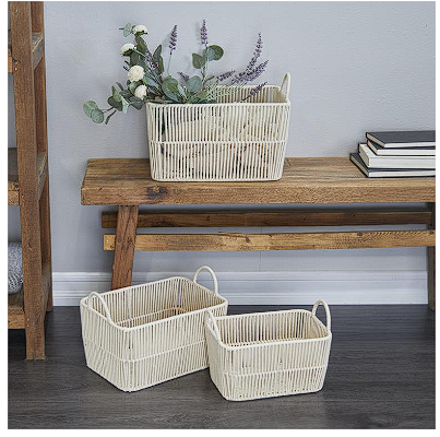 CREAM COTTON HANDMADE STORAGE BASKET WITH HANDLES,