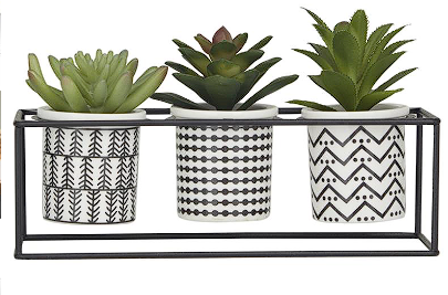 GREEN FAUX FOLIAGE SUCCULENT ARTIFICIAL PLANT WITH TRIBAL POTS INSIDE BLACK METAL STAND, 10" X 4" X 6"