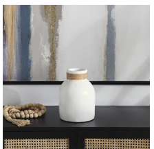 WHITE CERAMIC VASE WITH WRAPPED RATTAN DETAILING, 8" X 8" X 11"