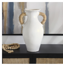 WHITE CERAMIC JUG INSPIRED VASE WITH RATTAN WRAPPED HANDLES, 14" X 11" X 21"