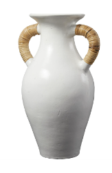 WHITE CERAMIC JUG INSPIRED VASE WITH RATTAN WRAPPED HANDLES, 14" X 11" X 21"