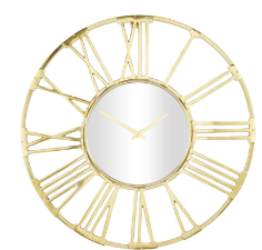 GOLD ALUMINUM GEOMETRIC OPEN FRAME WALL CLOCK WITH MIRRORED GLASS CENTER, 35" X 2" X 35"