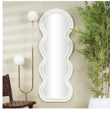 WHITE WOODEN ABSTRACT WAVY WALL MIRROR WITH LAYERED FRAME, 24" X 1" X 63"