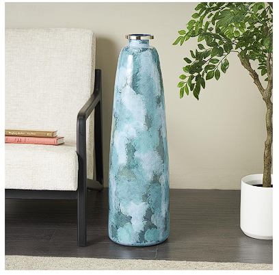 TEAL GLASS HANDMADE VASE WITH SILVER RIM, 10" X 10" X 34"