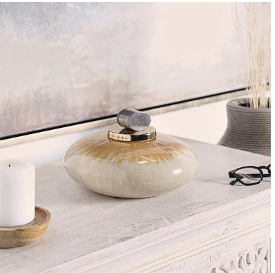 BEIGE GLASS GEOMETRIC OMBRE DECORATIVE JARS WITH PEACH ACCENTS AND GRAY MARBLE TOP, 10" X 10" X 7"