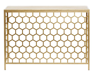 GOLD METAL GEOMETRIC HONEYCOMB PATTERN CONSOLE TABLE WITH BROWN WOOD TOP, 42" X 14" X 30"