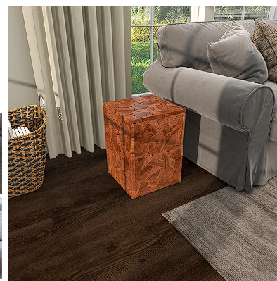 BROWN TEAK WOOD HANDMADE ACCENT TABLE WITH MOSAIC WOOD CHIP DESIGN, 12" X 12" X 16"