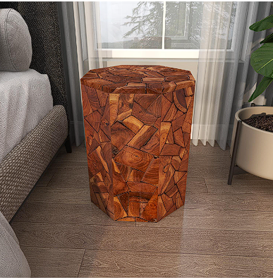 BROWN TEAK WOOD HANDMADE ACCENT TABLE WITH MOSAIC WOOD CHIP DESIGN, 13" X 13" X 17"