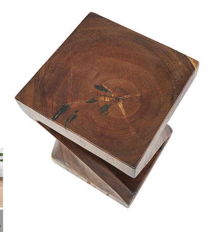 BROWN SUAR WOOD HANDMADE ACCENT TABLE WITH SPIRAL BASE, 12" X 12" X 18"
