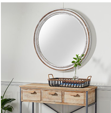 WHITE WOOD WALL MIRROR WITH BEAD DETAILING, 37" X 1" X 37"