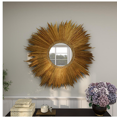 BROWN DRIED PLANT TRIBAL INSPIRED STARBURST WALL MIRROR, 45" X 2" X 45"