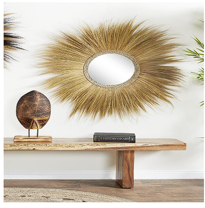 BROWN DRIED PLANT TRIBAL INSPIRED STARBURST WALL MIRROR, 45" X 2" X 45"