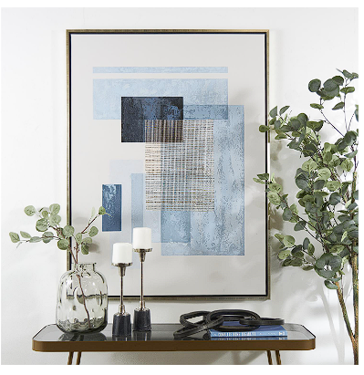 BLUE CANVAS GEOMETRIC OVERLAPPING SQUARE FRAMED WALL ART WITH GOLD TEXTURED GRID ACCENT, 36" X 13" X 47"