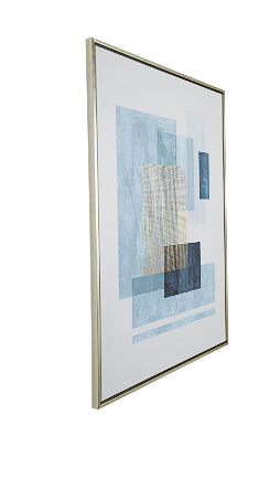 BLUE CANVAS GEOMETRIC OVERLAPPING SQUARE FRAMED WALL ART WITH GOLD TEXTURED GRID ACCENT, 36" X 13" X 47"