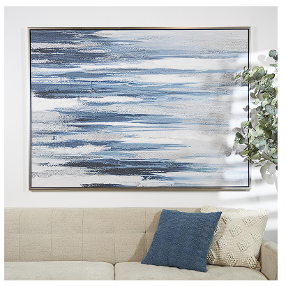 BLUE CANVAS ABSTRACT FRAMED WALL ART WITH SILVER FRAME, 47" X 2" X 65"