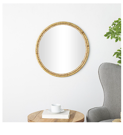 BROWN WOOD WRAPPED WALL MIRROR WITH BEADED FRAME, 24" X 1" X 24"