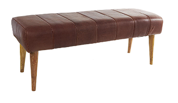 BROWN LEATHER UPHOLSTERED BENCH WITH WOODEN LEGS, 50" X 17" X 19"