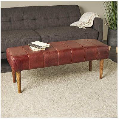 BROWN LEATHER UPHOLSTERED BENCH WITH WOODEN LEGS, 50" X 17" X 19"