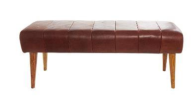 BROWN LEATHER UPHOLSTERED BENCH WITH WOODEN LEGS, 50" X 17" X 19"