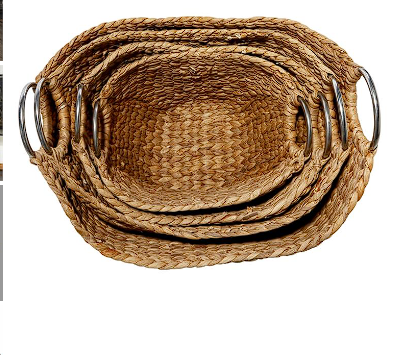 BROWN SEAGRASS HANDMADE WOVEN STORAGE BASKET WITH METAL HANDLES