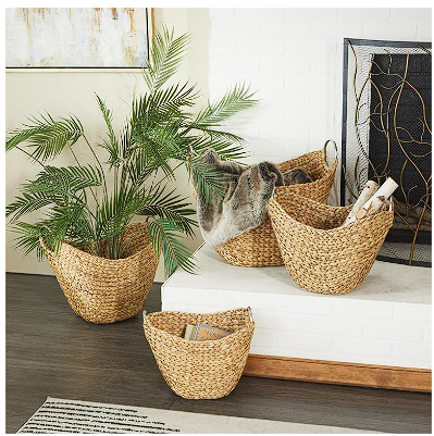BROWN SEAGRASS HANDMADE WOVEN STORAGE BASKET WITH METAL HANDLES