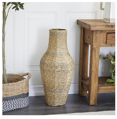 BROWN FAUX SEAGRASS HANDMADE TALL WOVEN FLOOR VASE, 12" X 12" X 28"