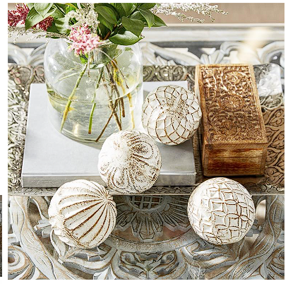 WHITE CERAMIC HANDMADE CARVED DECORATIVE BALL ORBS & VASE FILLER WITH VARYING PATTERNS, SET OF 4 4"W, 4"H