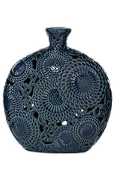 BLUE CERAMIC FLORAL VASE WITH CUT OUT PATTERNS,