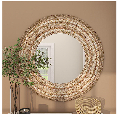 BEIGE WOOD WOVEN WALL MIRROR WITH FRINGE ENDS, 38" X 1" X 38"