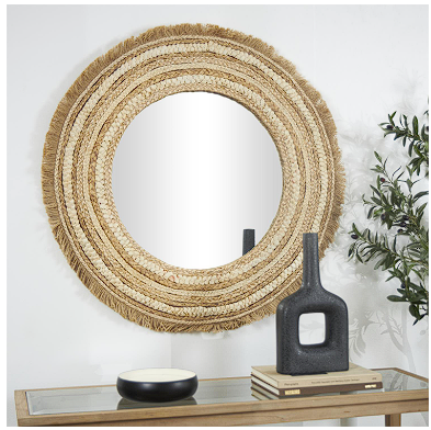 BEIGE WOOD WOVEN WALL MIRROR WITH FRINGE ENDS, 38" X 1" X 38"