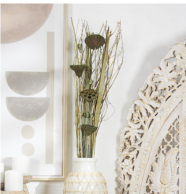 GREEN DRIED PLANT LOTUS FLOWER HANDMADE TALL BOUQUET NATURAL FOLIAGE WITH GRASS AND BRANCH ACCENTS, 10" X 7" X 40"