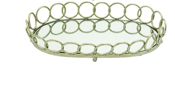 SILVER METAL GEOMETRIC MIRRORED TRAY WITH CIRCLE PATTERNED SIDES
