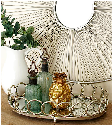 SILVER METAL GEOMETRIC MIRRORED TRAY WITH CIRCLE PATTERNED SIDES
